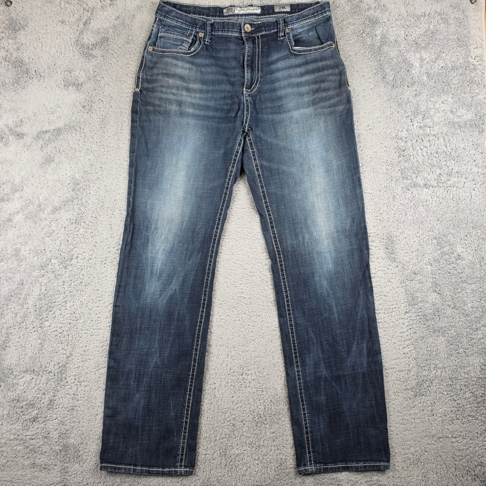 BKE Tyler Straight Jeans Mens 34L Dark Wash Thick Stitch Whiskered Denim Pants